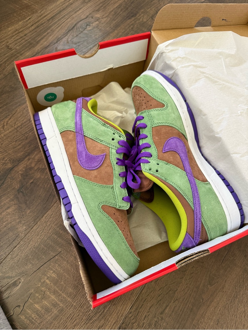 Nike Dunk Low SP Green, Brown & Purple with Neon Yellow Lining - Picture 2 of 6